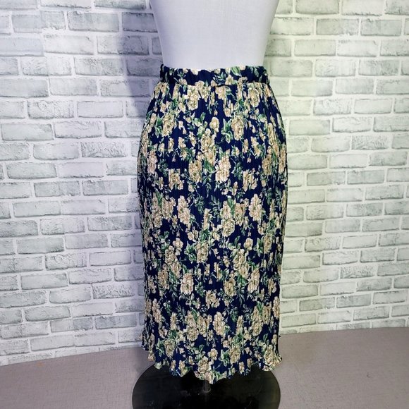 Vintage 90s Lisa Jo M Blue Floral Pleated Semi Sheer Double Georgette‎ Skirt - Picture 7 of 8